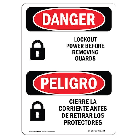 Signmission OSHA Sign, Lockout Power Removing Guards Bilingual, 10in X 7in Decal, 7" W, 10" H, Spanish OS-DS-D-710-VS-1434